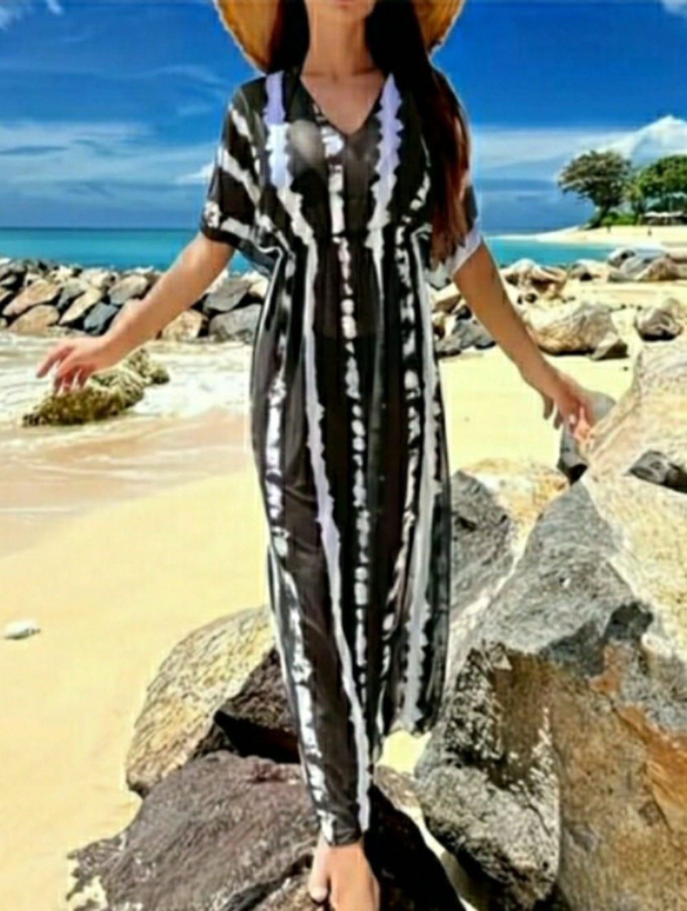Swimsuit Coverup Vneck Black White Semi Sheer OS ⛱ NEW - Picture 6 of 11